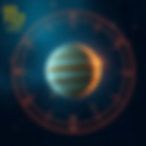 An illustration showing Jupiter in retrograde motion within a starry background, symbolizing its influence on personal growth and relationships, with the 12th house highlighted.