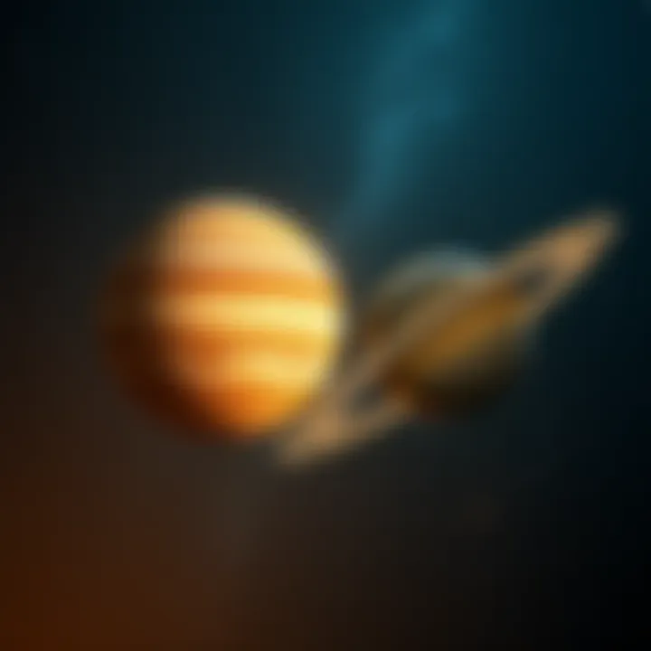 An artistic representation of Jupiter and Saturn in the night sky, symbolizing strength and confidence, with stars and celestial elements around them.
