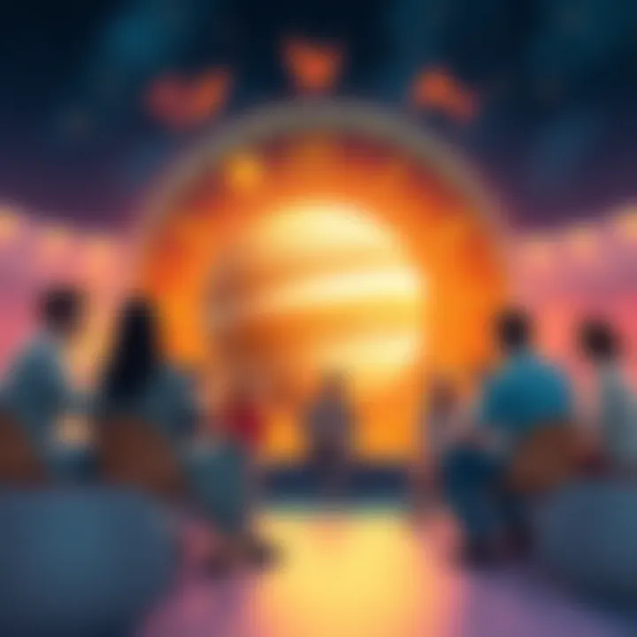 A vibrant illustration showing Jupiter symbolizing growth and positivity in a social setting with friends and aspirations around it.