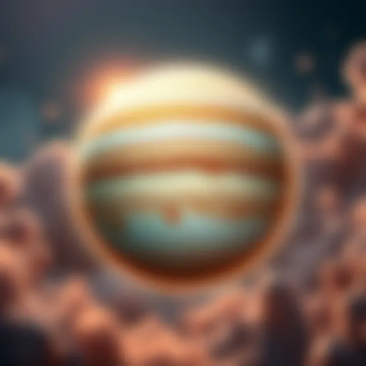 A representation of Jupiter in the 7th house, showing symbols of marriage, wealth, and social connections surrounding the planet Jupiter.