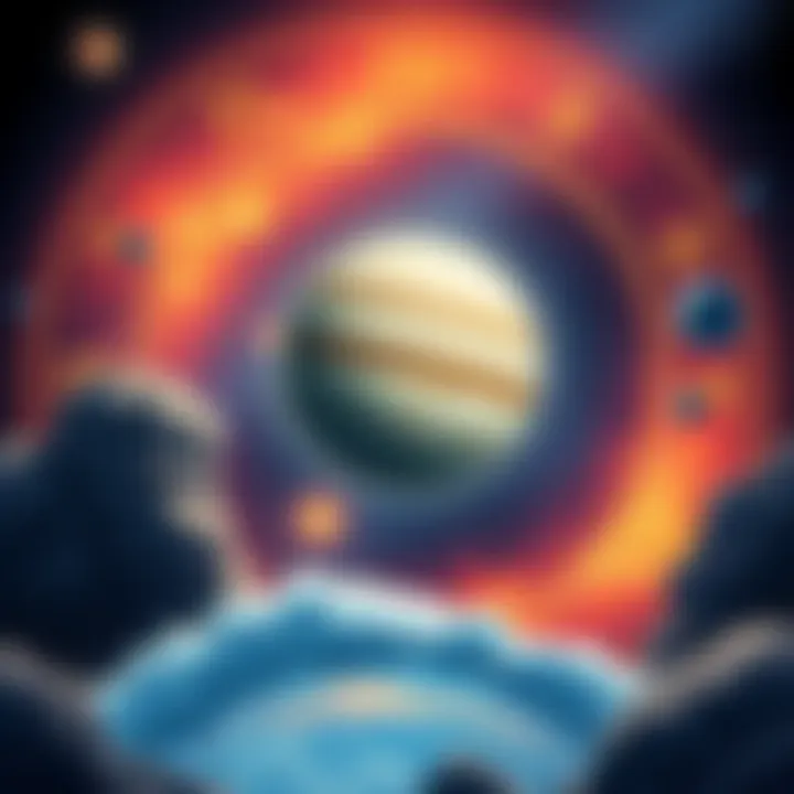 A vibrant illustration of Jupiter positioned in the 12th House of Cancer, symbolizing growth and spirituality, surrounded by calming cosmic elements.