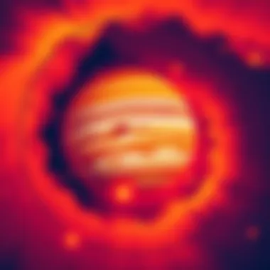 A vibrant illustration of Jupiter with a warm color palette symbolizing its move into Cancer, surrounded by stars and astrological symbols, representing the influence on Sagittarius ascendants.