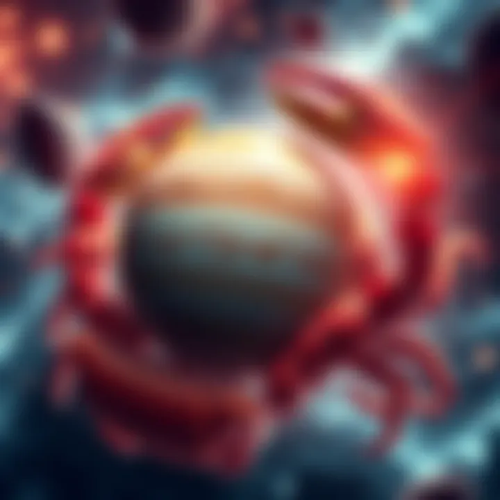 Jupiter in Cancer A visual representation of Jupiter entering the Cancer zodiac sign, with cosmic elements and emotional symbols.