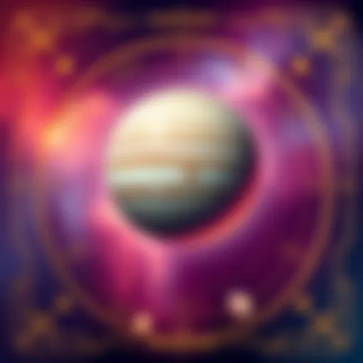 An illustration showing the planet Jupiter positioned in the zodiac sign of Capricorn, symbolizing its debilitation, with Libra symbols in the background.