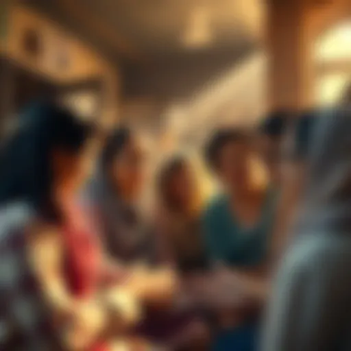 A warm scene showing diverse immigrants and women gathering in a supportive community setting, symbolizing hope and unity under the influence of Jupiter in Cancer.