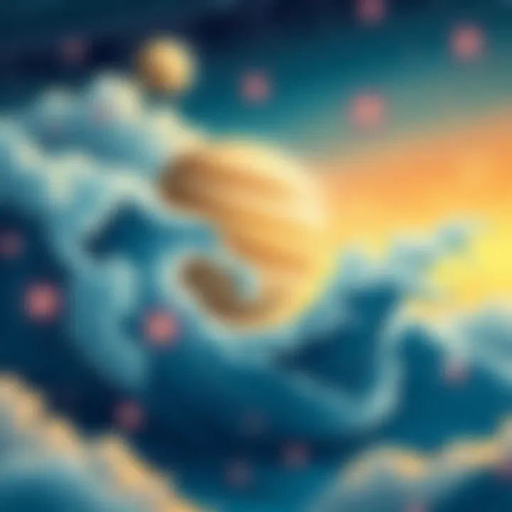 An illustration showing Jupiter's influence in Pisces with a symbolic depiction of the planet Jupiter surrounded by ocean waves and dreamy clouds, representing emotions and personality traits.