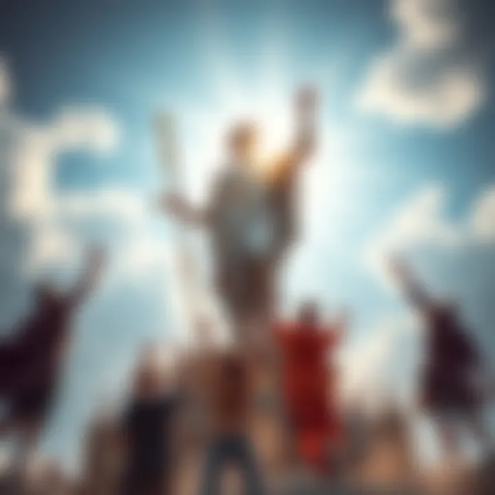 A vibrant depiction of Jupiter, the Roman god, symbolizing boldness and justice, with people reaching for their dreams under a bright sky.