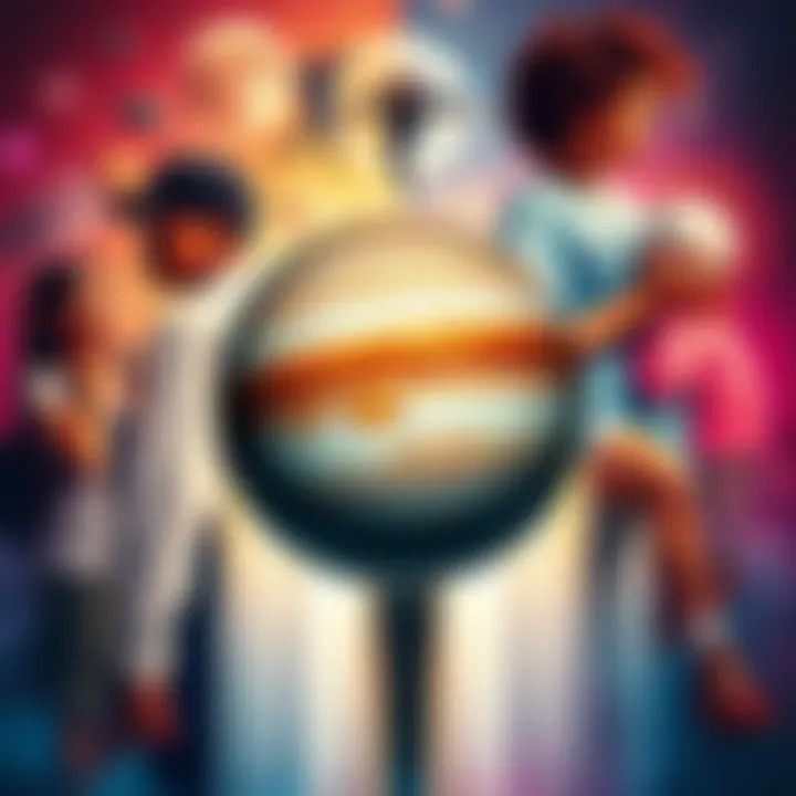 A visual representation of Jupiter-MC affecting modern culture, showing diverse people engaged in various activities and trends influenced by it.