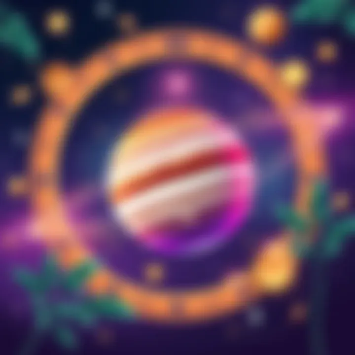 An illustration of Jupiter with motion lines indicating retrograde movement, surrounded by symbols of finance and personal growth like coins and plants.