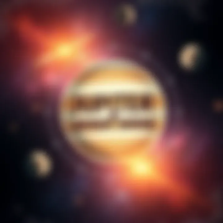 An illustration of Jupiter with symbols of relationships and partnerships in a cosmic background, representing astrological insights on love and marriage.