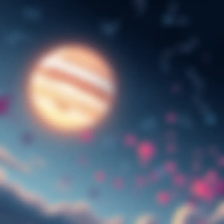 Jupiter Transiting Leo A vibrant illustration of Jupiter in the sky with Leo constellations, symbolizing growth and opportunities for Leo risings.