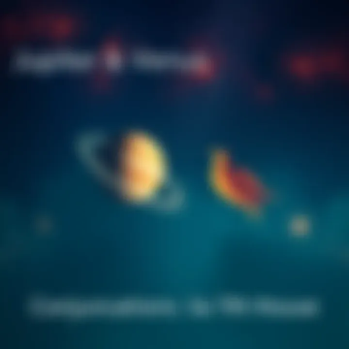 An illustration showing the planets Jupiter and Venus aligned in the night sky, symbolizing their conjunction in the 7th house of astrology, representing marriage and partnerships.