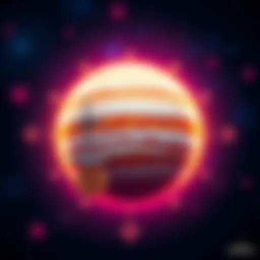 A representation of Jupiter with symbols representing wealth, like coins, and justice, like a scale, surrounded by stars.