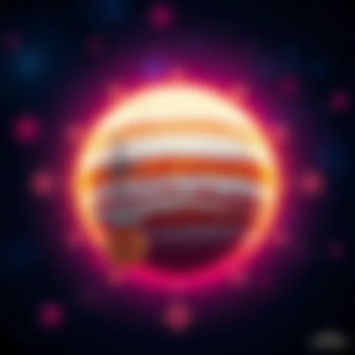 A representation of Jupiter with symbols representing wealth, like coins, and justice, like a scale, surrounded by stars.