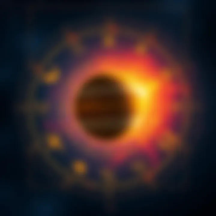 An illustration showing Jupiter at the center with twelve lines extending to each zodiac house, symbolizing its influence on personal growth and opportunities.