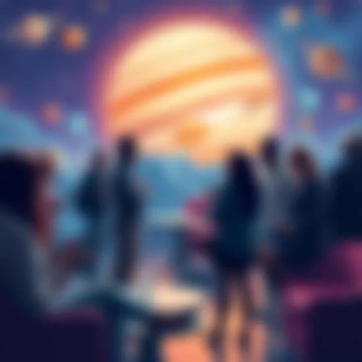 Jupiterians in Modern Culture An artistic representation of Jupiterians engaging with community discussions in a cosmic setting