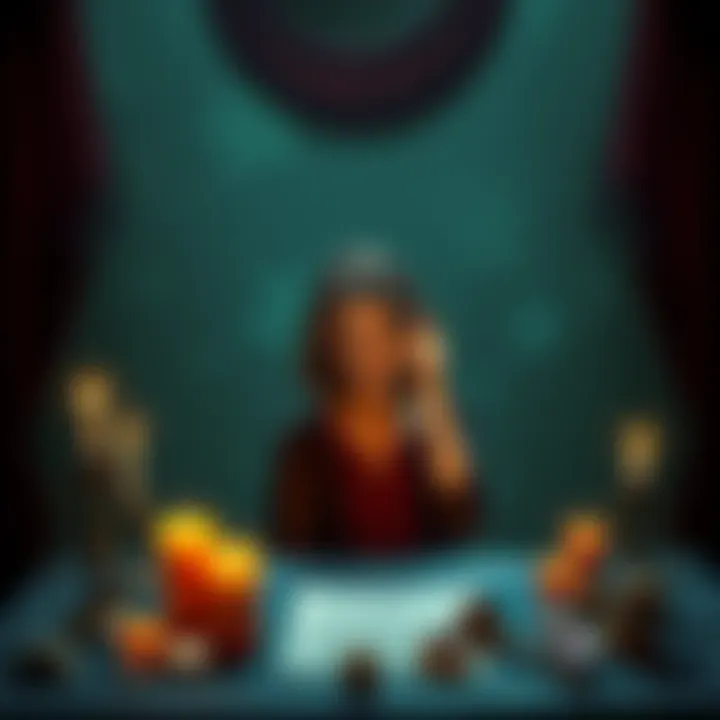 Justice Spell Casting A beginner standing in front of a table with candles, crystals, and a legal document, looking thoughtful about casting a justice spell.