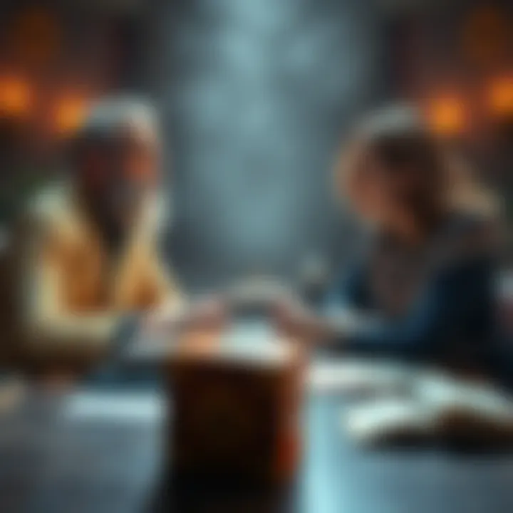 Two people debating the ethics of Hermetic and Christian Kabbalah with books and notes on a table