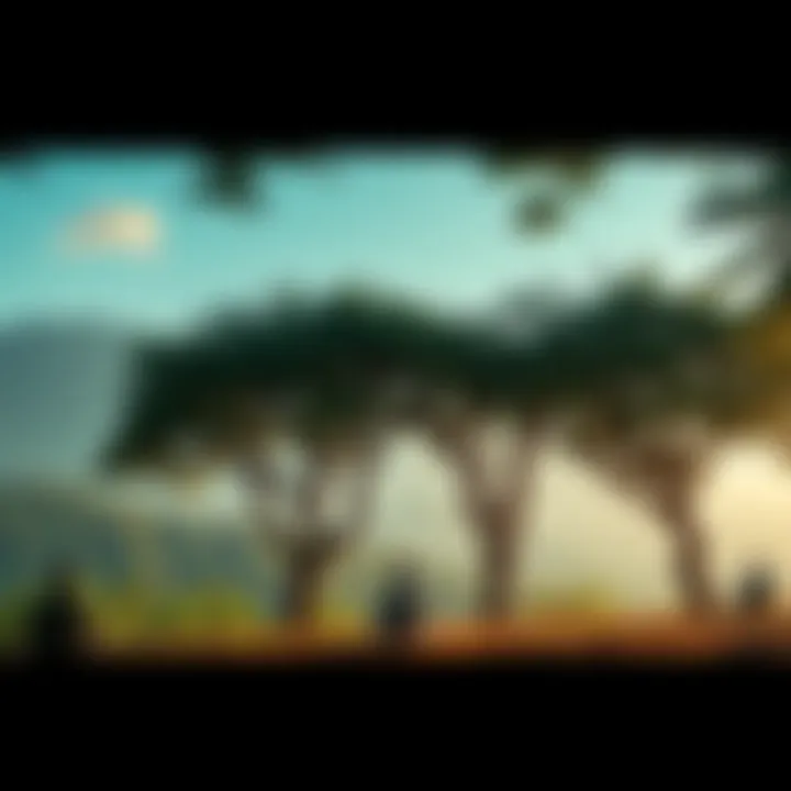 A serene view of Kainchi Dham with lush greenery and a peaceful atmosphere, showing visitors meditating under trees.