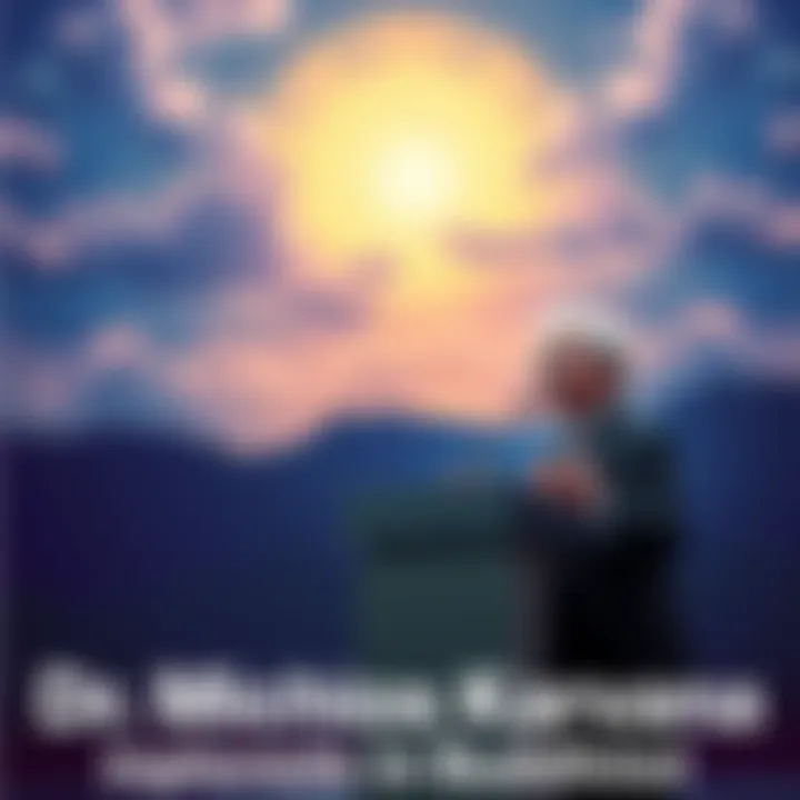 Dr. Michio Kaku speaking at a podium with a serene backdrop representing spirituality