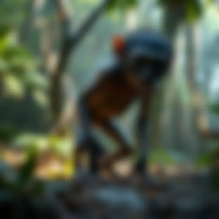 Small humanoid creature with backward-facing feet in a lush Madagascan rainforest setting