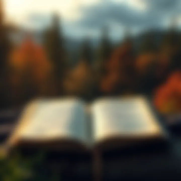 An open book showing verses from the Kalevala with a peaceful nature background