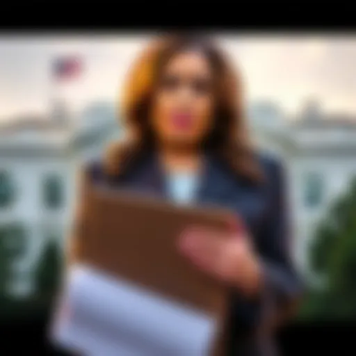 Kamala Harris holds a folder of documents in front of the White House, symbolizing the potential for information suppression during her presidency.