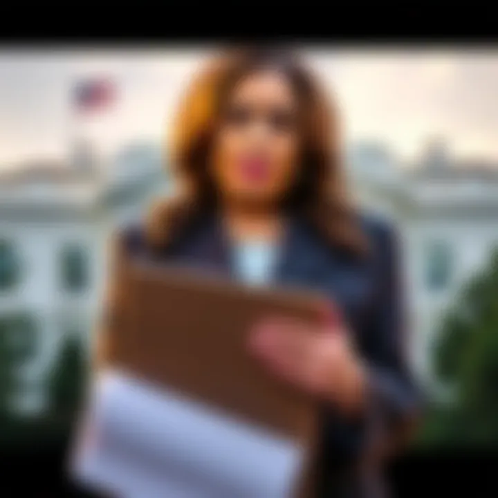 Kamala Harris holds a folder of documents in front of the White House, symbolizing the potential for information suppression during her presidency.