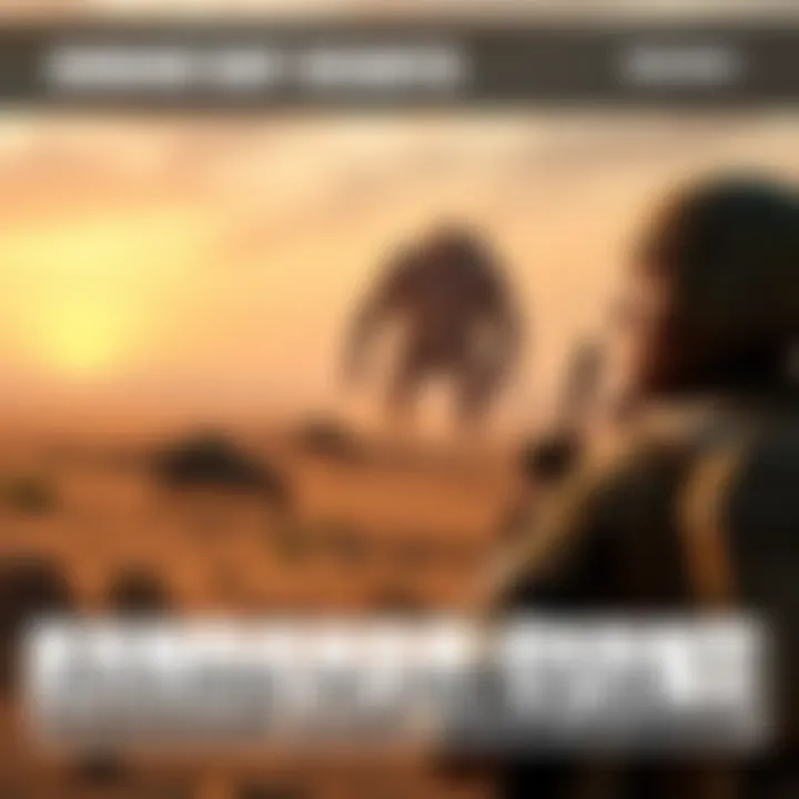 A soldier in a military setting looking surprised at a gigantic creature in the distance, with a desert landscape in the background.