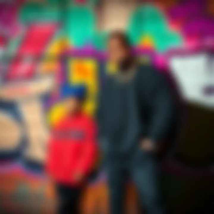 Kanye West and his daughter North West standing in front of colorful graffiti, showcasing underground culture