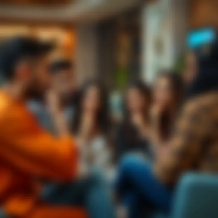 A group of people discussing the influence of the Kardashian family in a casual setting, with thoughtful expressions.