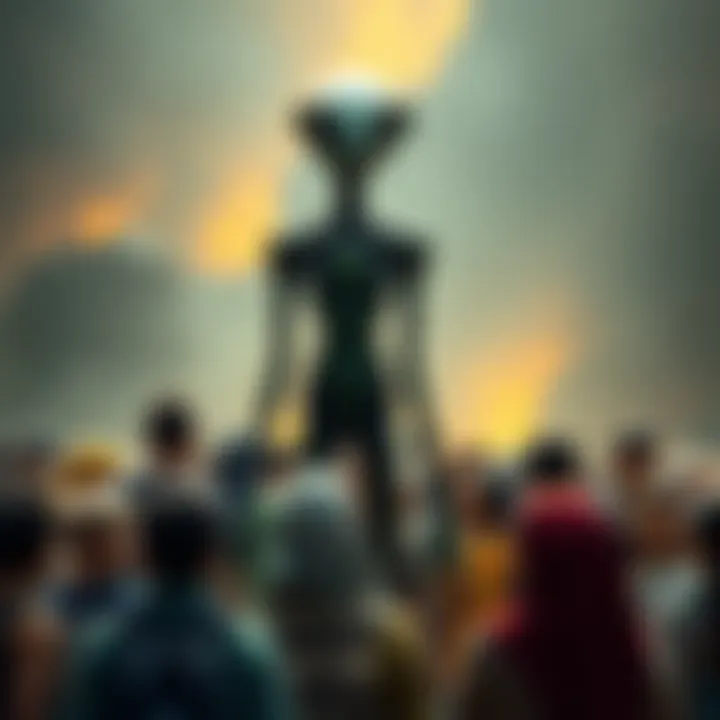 Karellen, a tall alien figure with a calm demeanor, stands before a gathering of diverse humans, symbolizing the guidance of NHI in Childhood's End.