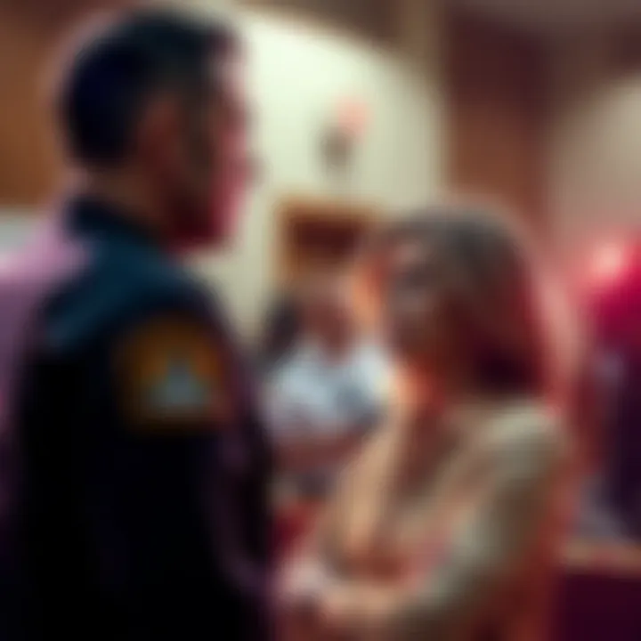A courtroom scene showing a woman and a police officer in discussion, with media outside