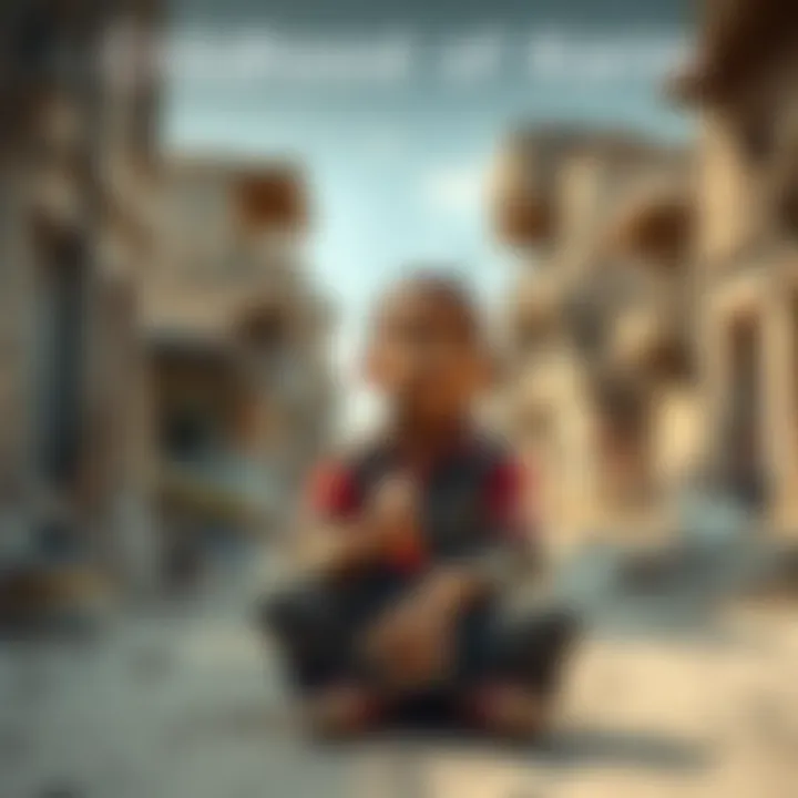 A young boy named Karim sits on a deserted street, looking hopeful despite the ruins around him. He holds a tattered toy, symbolizing lost childhood. There are hints of community efforts in the background to support children like him.