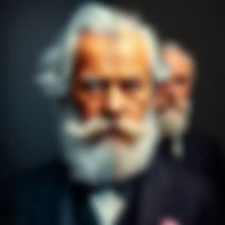 A split portrait featuring Karl Marx on one side and members of the Rothschild family on the other, symbolizing their unexpected historical connection.