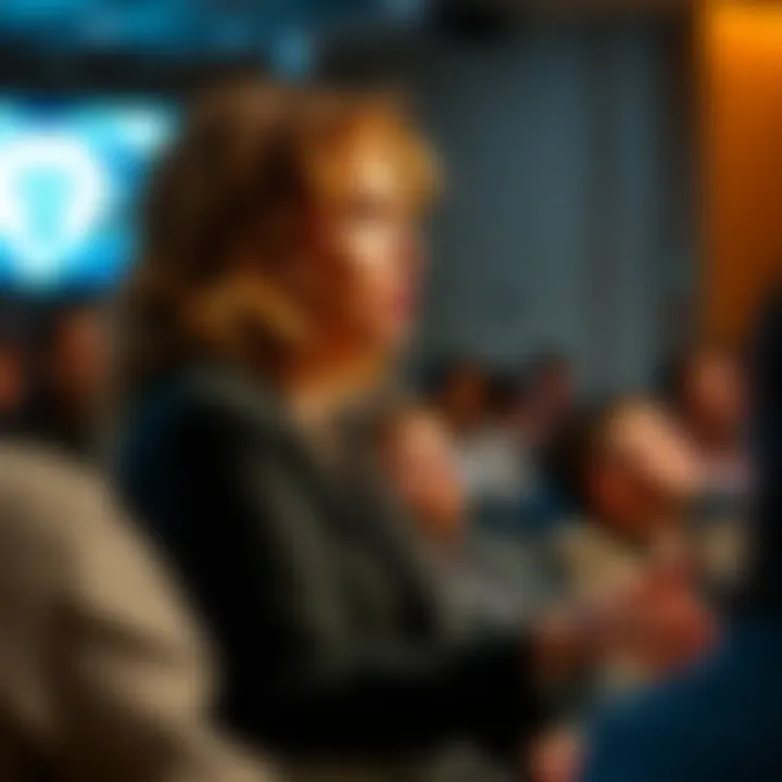 Karla Turner speaking at a conference about aliens and human souls with an audience listening attentively.