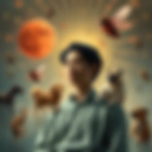 A person contemplating actions and consequences, surrounded by symbols of different creatures from insects to dogs, representing the varied impact of karmic debt.