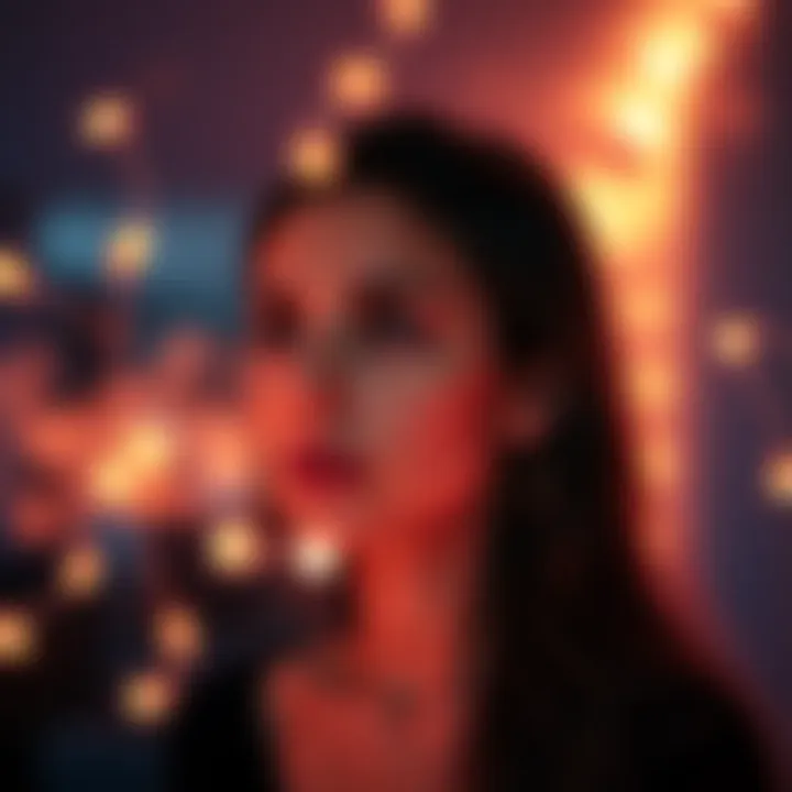 A young woman reflecting on her relationships with a thoughtful expression, surrounded by soft, glowing lights that represent connection and energy