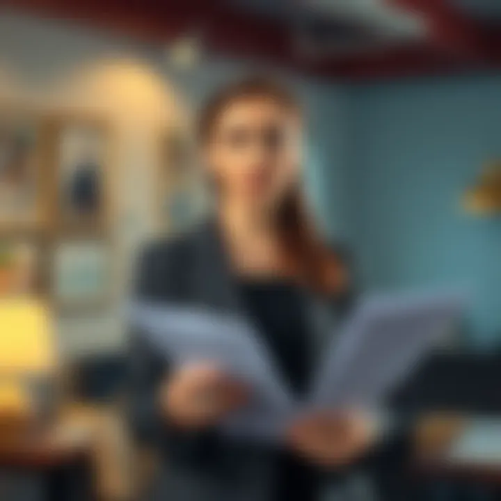 Karyna Shuliak standing in an office with financial documents, looking concerned about estate matters