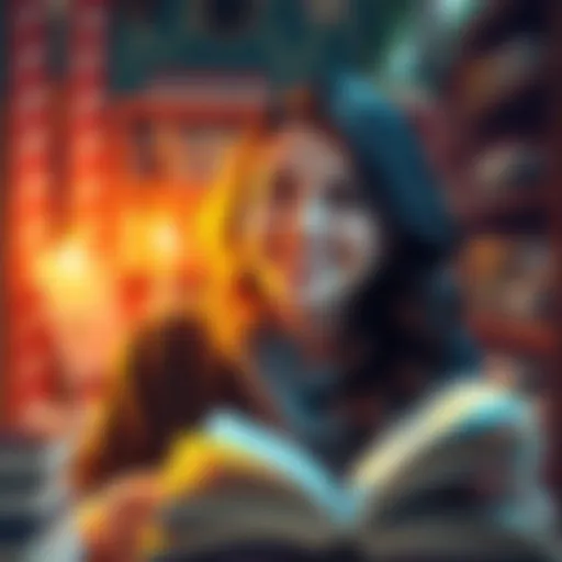 A cheerful woman named Katie with a welcoming smile, inviting people to comment for free readings, surrounded by books and a mystical aura.