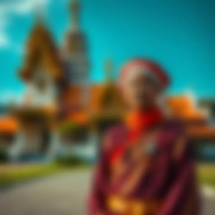 A katoï person in traditional attire stands in front of a temple, showcasing their identity amidst societal challenges.