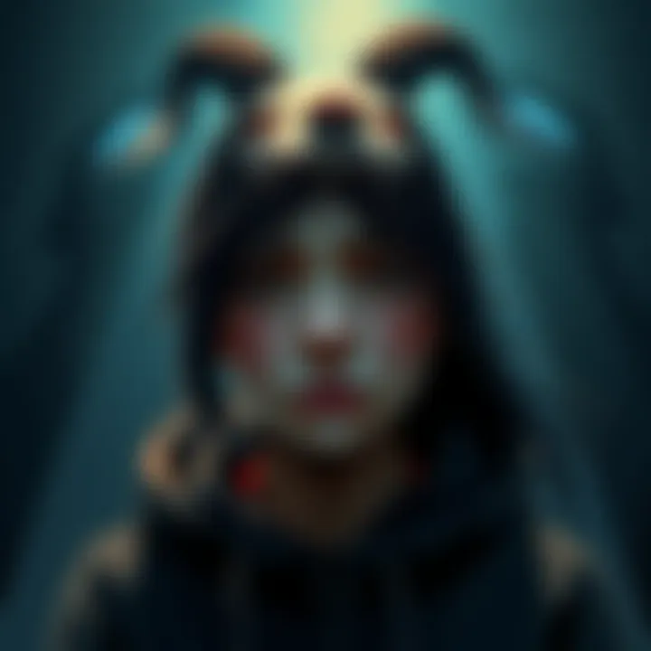 A depiction of Kazeolion looking sad and misunderstood, surrounded by shadows representing fake friends, indicating betrayal and sadness in the sanctuary community.