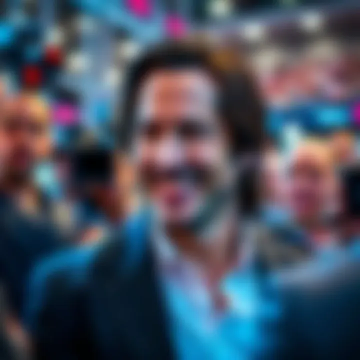 Keanu Reeves smiling while attending a political event, surrounded by fans and media