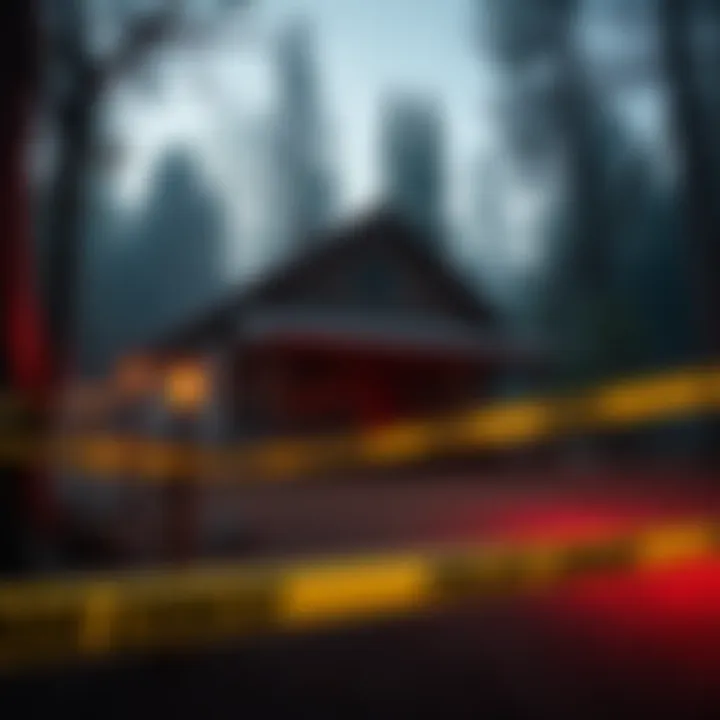 A rustic cabin in the woods of Keddie, California, with police tape surrounding the area, hinting at a crime scene investigation.