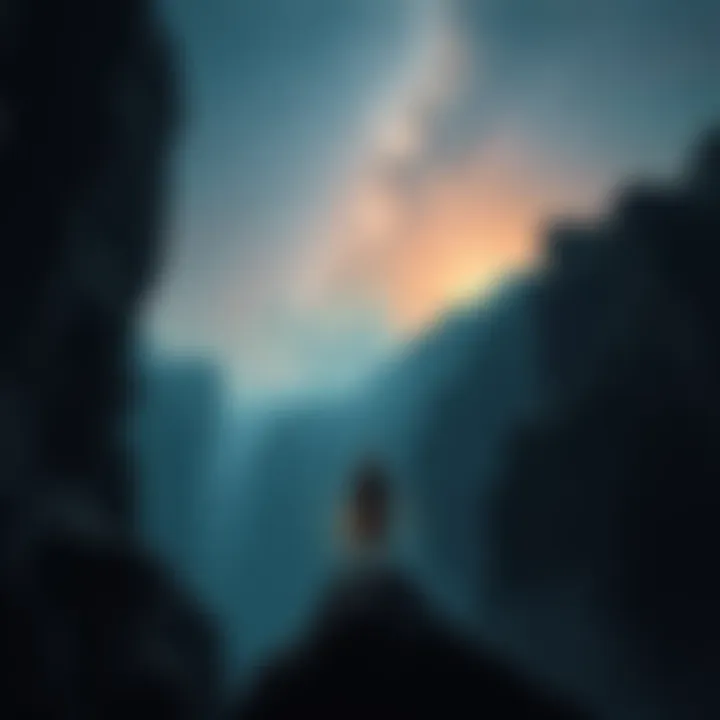 A person stands at the edge of a dark chasm under a starry sky, holding a glowing key. The scene shows a sense of adventure and exploration.