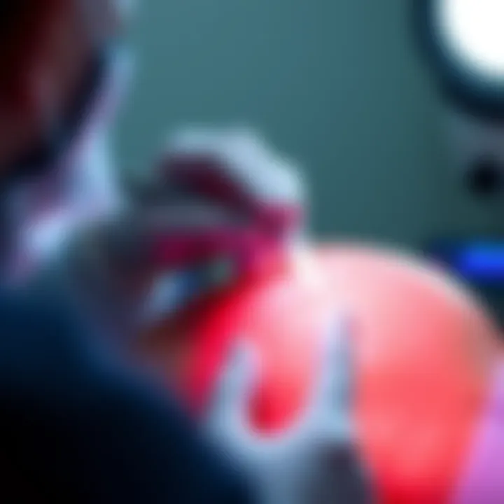 A dermatologist applying a treatment to a keloid on a patient's skin