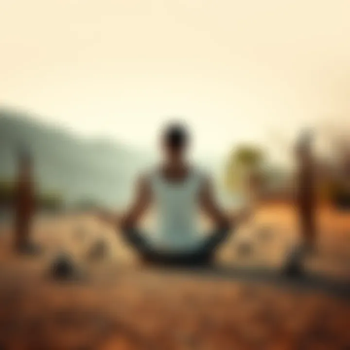 A Kemetic practitioner meditating A person sits cross-legged on the ground, surrounded by symbols of Anpu and Djehuty, in a peaceful outdoor setting, connecting with the Netjeru.