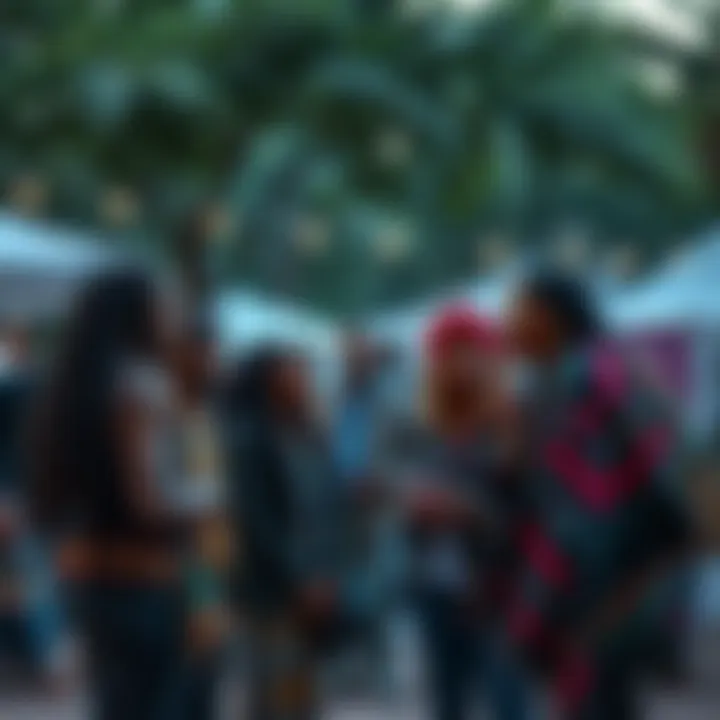 A diverse group of people discussing Kemetic Reconstructionism at an outdoor event, exchanging thoughts and experiences in a friendly atmosphere.