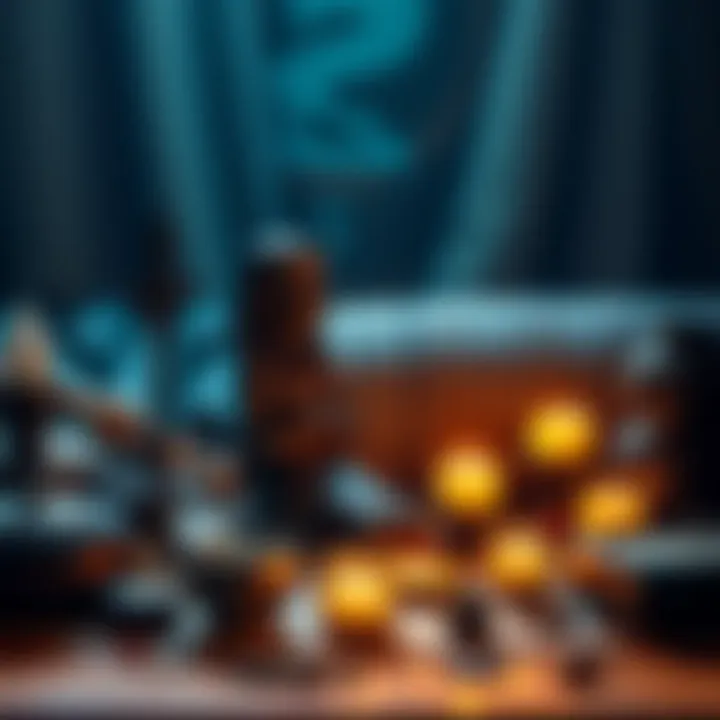 A collection of Kemetic ritual items, including symbols, offerings, and a statue of a netjer, arranged on a table