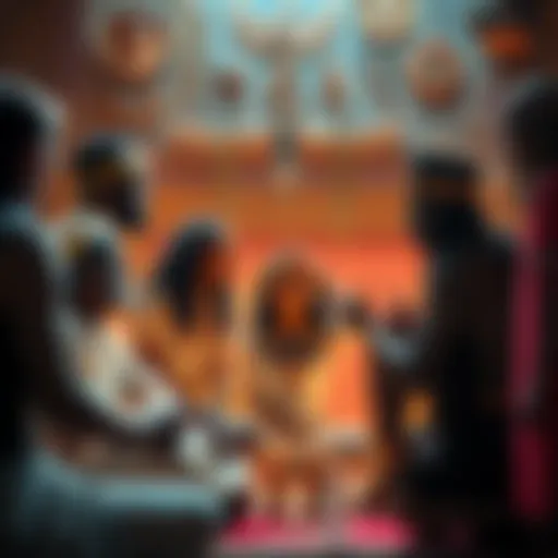 A group of individuals discussing Kemeticism beliefs, surrounded by symbols and artifacts related to ancient Egyptian spirituality.